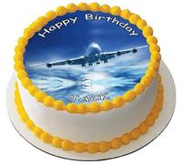 AEROPLANE JET Premium Quality Edible Large 7.5 Inch Round Icing Cake Topper - Text can be Customizable - Make Celebrations Memorable with Our Delightful Charming Cake Toppers AIRLINER AIRPLANE D1