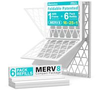 AErovivo 16x25x1 Air Filter MERV 8, 1 Foldable ABS Frame with 6 Pack Refills, Reusable AC HVAC Furnace Filter (Actual Size: 15.75x24.75x0.75 in)