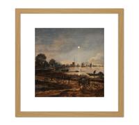 Aert Van Der Neer Riverview By Moonlight Painting 8X8 Inch Square Wooden Framed Wall Art Print Picture with Mount Artery8 Light Oak One Size