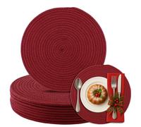 Aertiavty 8 Pack Round Woven Placemats 13.5 Inches Heat Resistant Placemats Farmhouse Cotton Rope Place Mats for Christmas New Year Trivets for Hot Dishes, Burgundy