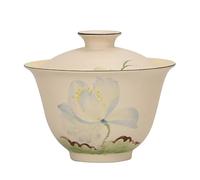 AERTSDFGT Small Tea Cups Blue Lotus Rhyme Hand-Painted Powder Lead Two-Cap Bowl high-Grade Ceramic Chinese kung fu Tea Set Women's coarse Pottery Thin tire Kungfu Teacup