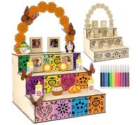 AerWo Dia De Los Muertos Altar Kit, Wooden Marigold Day of the Dead Altar with Photo Frames & Butterflies, Unfinished Dia De Los Muertos Ofrenda with 12 Colored Pens, Dia De Los Muertos Decorations