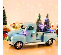AerWo Farmhouse Christmas Blue Truck Decor, LED String Lights Vintage Blue Metal Pickup Truck Car Model with Mini Christmas Trees Ornaments, for Christmas Decorations and Table Top Decor