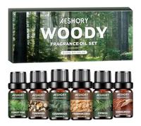 Aeshory 6 x 10ml Woody Essential Oils - Natural Essential Oil Set for Diffusers for Home, Perfume, Soap & Candle Making- Sandalwood, Cedarwood, Cypress, Frankincense, Teakwood &Pinewood