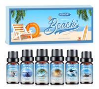 Aeshory Beach Essential Oils Set 6 x 10ml, Natural Scented Oils for Diffuser, Soap, Candle Making - Hawaiian Suntan, Seashore Stroll, Ocean Breeze, Sun and Sand, Rock Salt & Driftwood, Marine