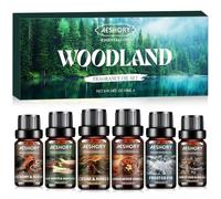 Aeshory Woodland Essential Oils Set 6 x 10ml, Natural Scented Oils for Diffuser - Sandalwood & Vanilla, Forested Fir, Palo Santo & Mahogany, Cedar & Amber, Forest Oud & Balsam, and Hickory & Suede