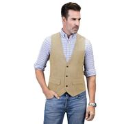 Aesido Men’s Herringbone Vest Wool Tweed V-Neck Slim Fit Dress with 3 Pockets Waistcoat for Wedding,Prom,Business(Champagne,XL)