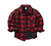 Aeslech Big Boys' Fleece Lined Flannel Plaid Shirts, Long Sleeve Checkered Shirt Jacket Winter Coat Tops Red Black Tag 170CM - 10-11 Years