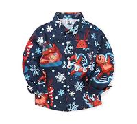 Aeslech Boys' Christmas Hawaiian Shirt, Floral Reindeer Print Long Sleeve Button Down Tops 2 Dark Blue Tag 120-4T
