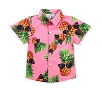 Aeslech Little Big Boy's Button Down Hawaiian Shirt Lightweight Pineapple Summer Clothes Tropical Party Pink 140CM - 6-7 Years