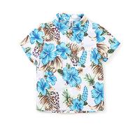 Aeslech Little Big Boy's Short Sleeve Button Down Floral Hawaiian Shirt, Casual Beach Tropical Party Tops White Blue Tag 120CM - 5Y