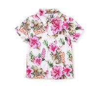 Aeslech Little Big Boy's Short Sleeve Button Down Floral Hawaiian Shirt, Casual Beach Tropical Party Tops White Red Tag 130CM - 5 Years