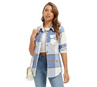 Aeslech Women's Checked Shirts Plaid Shacket Flannel Lightweight Jacket Button Down Long Sleeve Casual Tops 2 Blue XL