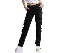 Aeslech Women's Cotton Casual Cargo Work Trousers High Waisted Travel Hiking Y2K Pants with Multi Pockets Black Tag 28 - UK 8