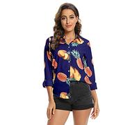 Aeslech Women's Hawaiian Shirt Button Down Roll up Sleeve Lightweight Flower Tropical Party Summer Tops A Blue S