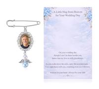 Aesnefe Wedding Memorial Photo Frame Charm, Something Blue Gift for Bride, Memorial Pin for Wedding Groom, In Loving Memory of Mom or Dad in Heaven, DIY Bouquet Pin with Guardian Angel Charm