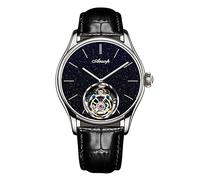 Aesop Classic Tourbillon Men Watch Sand Stone Dial Mechanical Tourbillon Movement Manual Analog Wristwatches Sapphire Waterproof Dress Business Watch for Men with Leather Strap 7050(Silver-L)