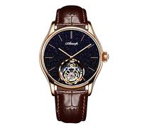 Aesop Classic Tourbillon Men Watch Sand Stone Dial Mechanical Tourbillon Movement Manual Analog Wristwatches Sapphire Waterproof Dress Business Watch for Men with Leather Strap 7050(Rose Gold-L)