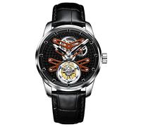 Aesop Flying Tourbillon Watches for Men Luxury Mechanical Hand Wind Wrist Watch Analog Stainless Steel Sapphire Crystal Waterproof Business Casual Mens Watch 7029(Orange/Leather Strap)
