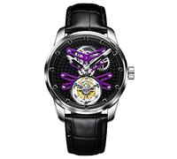 Aesop Flying Tourbillon Watches for Men Luxury Mechanical Hand Wind Wrist Watch Analog Stainless Steel Sapphire Crystal Waterproof Business Casual Mens Watch 7029(Purple/Leather Strap)