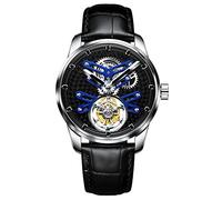 Aesop Flying Tourbillon Watches for Men Luxury Mechanical Hand Wind Wrist Watch Analog Stainless Steel Sapphire Crystal Waterproof Business Casual Mens Watch 7029(Blue/Leather Strap)