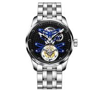 Aesop Flying Tourbillon Watches for Men Luxury Mechanical Hand Wind Wrist Watch Analog Stainless Steel Sapphire Crystal Waterproof Business Casual Mens Watch 7029(Blue/Stainless Strap)