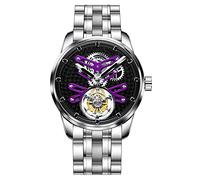 Aesop Flying Tourbillon Watches for Men Luxury Mechanical Hand Wind Wrist Watch Analog Stainless Steel Sapphire Crystal Waterproof Business Casual Mens Watch 7029(Purple/Stainless Strap)