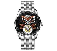 Aesop Flying Tourbillon Watches for Men Luxury Mechanical Hand Wind Wrist Watch Analog Stainless Steel Sapphire Crystal Waterproof Business Casual Mens Watch 7029(Orange/Stainless Strap)