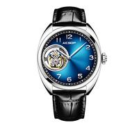 Aesop Tourbillon Men Watches Skeleton Mechanical Hand Wind Analog Men Wristwatches Stainless Steel Sapphire Crystal Mirror Waterproof Business Luxury Watch with Leather Strap 7056(Blue)