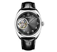 Aesop Tourbillon Men Watches Skeleton Mechanical Hand Wind Analog Men Wristwatches Stainless Steel Sapphire Crystal Mirror Waterproof Business Luxury Watch with Leather Strap 7056(Black)