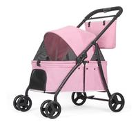 AESRAOU Dog Travel Stroller with 4 Heavy Duty Wheels, Foldable Pet Stroller with Adjustable Handle, Double Capacity for Dogs, Jogger Wagon with Front Back Door for Small (Pink)