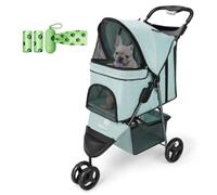 AESRAOU Pet Stroller Foldable Cats/Dogs Stroller with Storage Basket and Cup Holder 3 Wheels Dog Cat Carrier Strolling for Small or Medium Dogs,Cats,Puppy (Blue-Green)