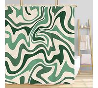 Aesthetic 70S Abstract Wavy Swirl Shower Curtain, Cute Sage Green Bath Curtain, Aesthetic Retro Boho Minimal Bathroom Accessories Groovy Teen Girls for Bathroom Curtain Liner Set with Hooks, 36x72IN