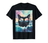Aesthetic 80s Black Cat Sunglasses Waves Ocean City Skyline T-Shirt