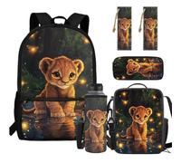 Aesthetic Baby Lion Backpack for Girls 6th Grade Kids Backpack with Lunch Box Set 5 Piece Student Back to School Book Bag with Lunch Bag,Pencil Case for Students 6-9th Grade Daily Use