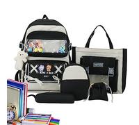 Aesthetic Backpack Set,5 Piece Cute Aesthetic School Backpacks With Pins And Plush Pendants - Large Capacity, Waterproof, Cute For Short Trips, Work, Shopping, College, Teenage Girls