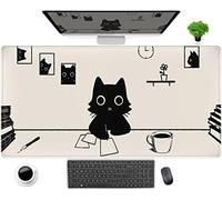 Aesthetic Beige White Anime Desk Mat Mouse Pad Cute Kawaii Minimalist Black Cartoon Cat XXL Large Extended Gaming Mousepad Desk Pad, PC Laptop Keyboard and Mouse Mat for Women Desk 31.5x15.75 in