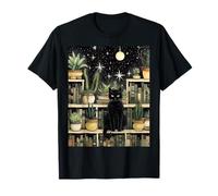 Aesthetic Black Cat Book Library Vintage Cactus Tropical T-Shirt