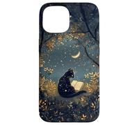 Aesthetic Black Cat Reading Book Under The Crescent Moon Art Case for iPhone 15