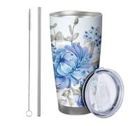 Aesthetic Blue Floral Tumbler, Botanical Leaves, Beautiful Flower, Blue Grey, Metal, Reusable, No Spill, Shatterproof, for Yard, Picnic, Gym with Straw (1 Pack)
