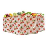 Aesthetic Canvas Reusable Grocery Bags Heavy Duty, 8.3 gal Foldable Large Tote Bag with Handles, Holds 60 lbs & Washable Eco-friendly Bags with 5 Pockets, Beige with a print 3 Bags（Strawberry Print）
