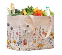 Aesthetic Canvas Reusable Grocery Bags Heavy Duty, 8.3 gal Foldable Large Tote Bag with Handles, Holds 60 lbs & Washable Eco-friendly Bags with 5 Pockets, Beige with a print 1 Bags（Wildflowers）