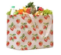Aesthetic Canvas Reusable Grocery Bags Heavy Duty, 8.3 gal Foldable Large Tote Bag with Handles, Holds 60 lbs & Washable Eco-friendly Bags with 5 Pockets, Beige with a print 1 Bags（Strawberry Print）