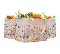 Aesthetic Canvas Reusable Grocery Bags Heavy Duty, 8.3 gal Foldable Large Tote Bag with Handles, Holds 60 lbs & Washable Eco-friendly Bags with 5 Pockets, Beige with a print 3 Bags（Wildflowers）