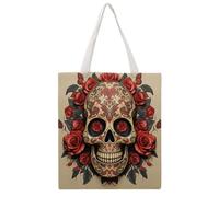 Aesthetic Canvas Tote Bag for Women Large 16.1x15In Double-Sided Printed | Reusable Grocery Shopping Bags, Large Capacity, Red Rose Sugar Skull Shoulder Bag for Travel, Beach, Camping, Yoga