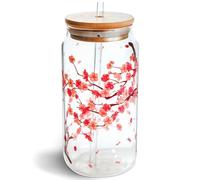 Aesthetic Cherry Blossom Glass Cup with Lid and Straw - Floral Iced Coffee Cup - Cute Latte, Matcha Tumbler 16 oz - Preppy Birthday Gift for Women, Best Friends, Mom, Bridesmaid, Coffee Lover