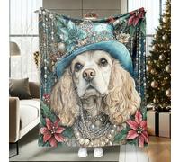 Aesthetic Christmas American Cocker Spaniel Dog Throw Blanket 50x80 Inch, Retro Xmas Puppy Pet Full King Queen Fuzzy Blanket for Couch Living Room Beach Travel, Holiday Home Sofa Decor