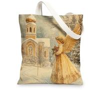 Aesthetic Christmas Angel Canvas Tote Bag for Shopping 13x15, Retro Xmas Snow Scenic Reusable Grocery Print Bag for Women, Holiday New Year Aesthetic Painting Gift Decor