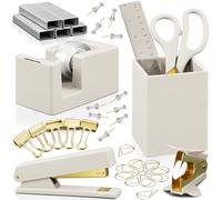 Aesthetic Desk Accessories Set - A Complete Desktop Organizer Set For Women Enhances Any Office Decor - An Office Supplies Kit w Gold Finish incl. Pen Holder, Scissors, Stapler, Tape Dispenser & More