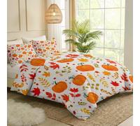 Aesthetic Duvet Cover Super King (260 x 220) cm, Soft Brushed microfiber Bedding Set with 2 Pillowcases, Cartoon Pumpkin Leaves Comforter Cover with Zipper Closure and 8 Ties, Orange